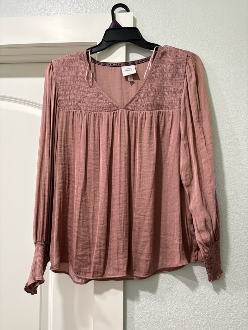Pixley Dusty Rose Smocked V-Neck Long Sleeve Blouse